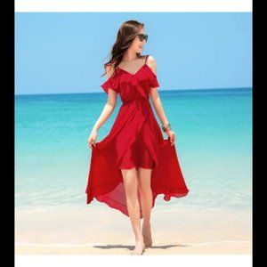 Ladies Boho Red Maxi Dress Cocktail Party Evening Summer Beach Sundress SIZE M